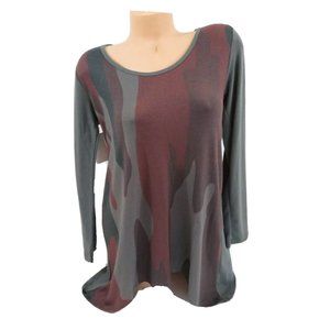 Go Couture Long Sleeve Handkerchief Tunic Knit Charcoal Burgundy Camo Print